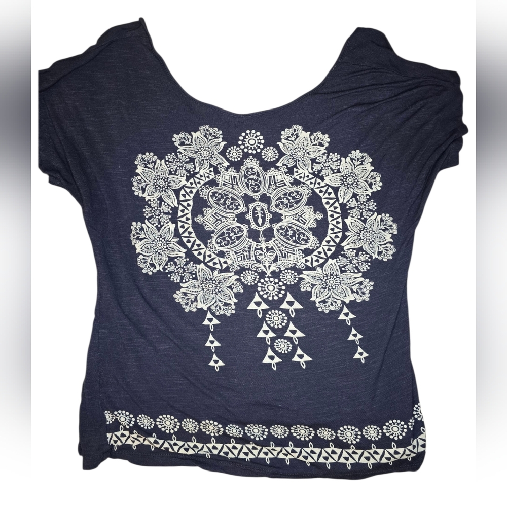 Papillion Navy Blue Women's Top with White Floral Design